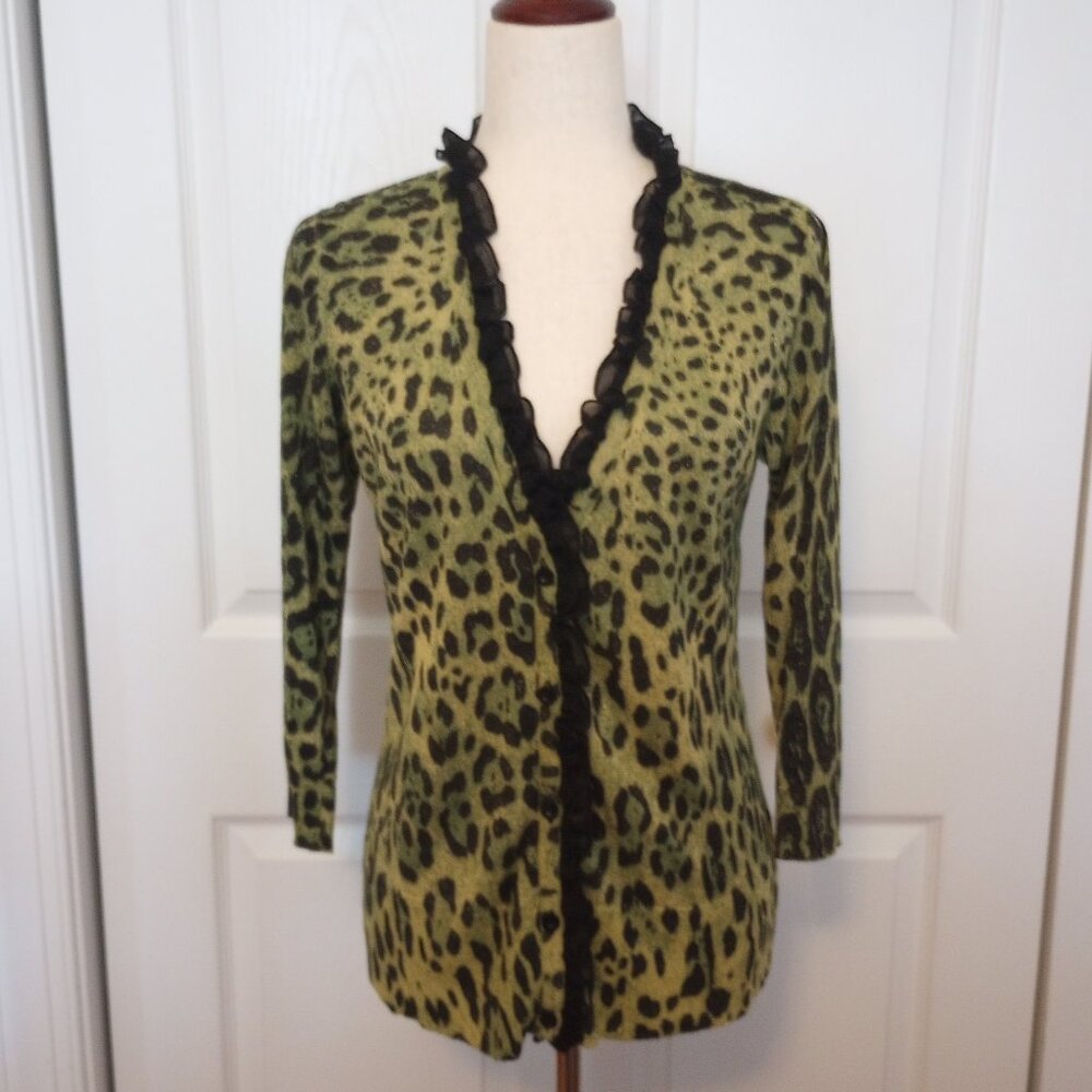 Awesome Green Black Animal Print Lurex Cardigan sz M Chiffon Ruffle Front